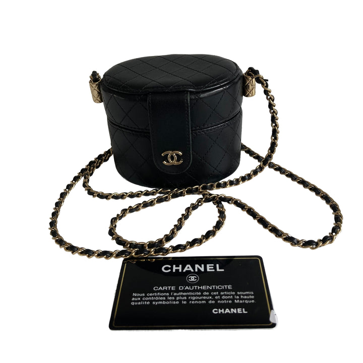 Chanel Vanity Quilted Mini Round Clutch With Chain