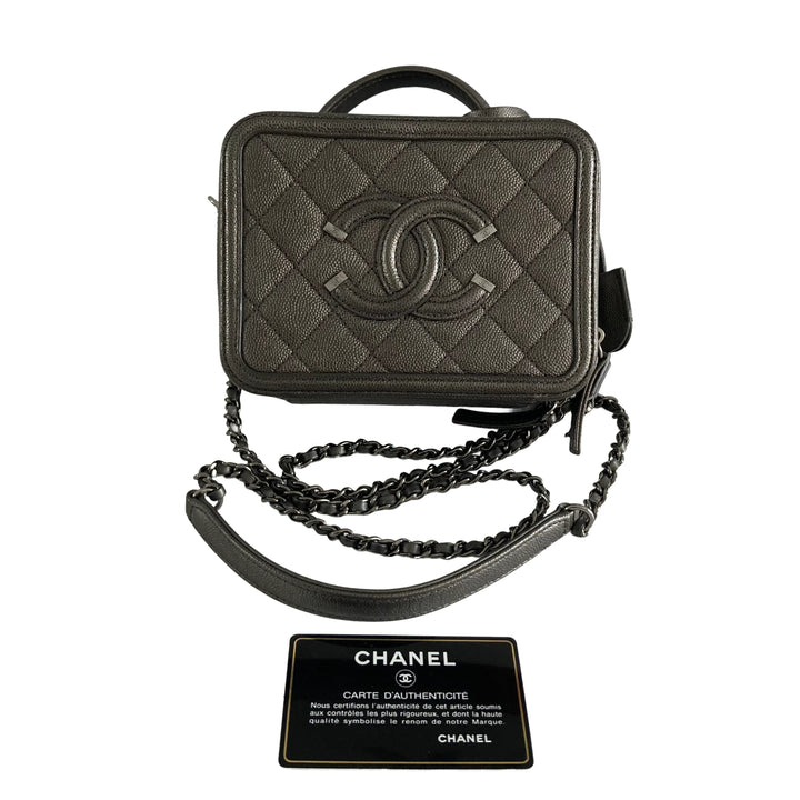 Chanel Filigree Vanity Case Metallic Grey with Tag and Key CC327