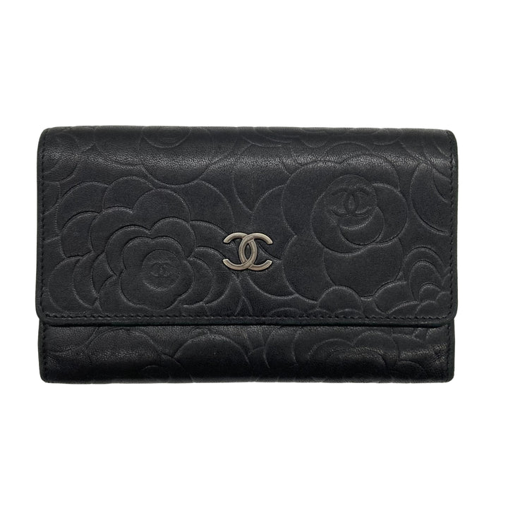 Chanel Lambskin Camellia Embossed Wallet Black