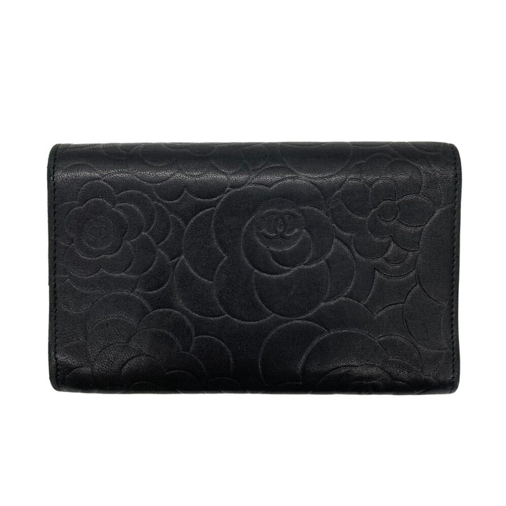 Chanel Lambskin Camellia Embossed Wallet Black