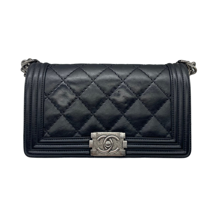 Chanel Calfskin Quilted Double Stitch Medium Boy Flap Black SHW CC453