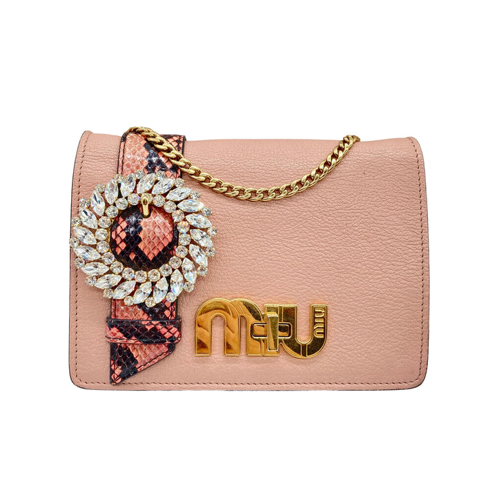 Miu Miu Peach Leather Crystal Buckle Flap Shoulder Bag MM11