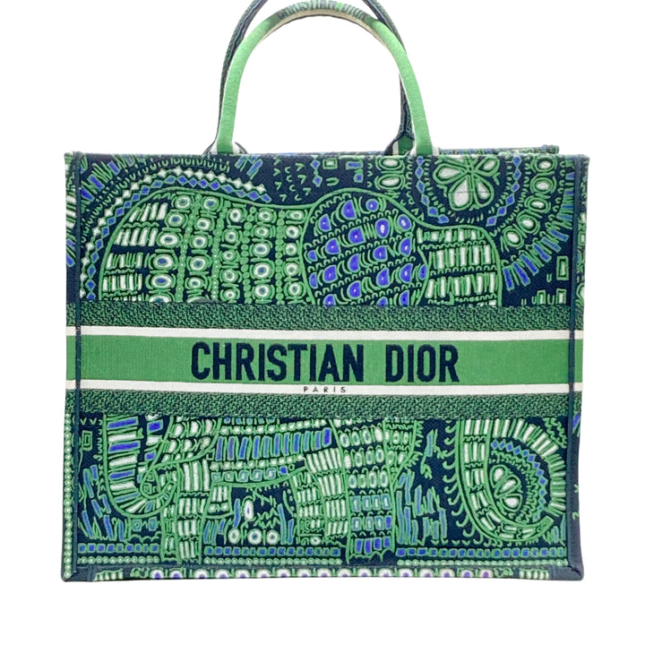 Christian Dior Canvas Embroidered Dior Animals Elephant Book Tote Green DR216