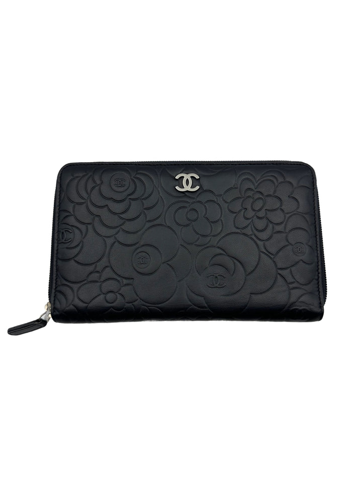 Chanel Camellia Long Zipped Wallet in Black Lambskin with Silver Hardware CC595