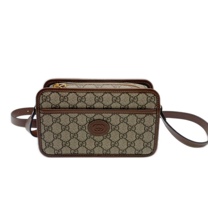 Gucci GG Supreme Monogram Azalea Calfskin Mini Retro Interlocking G Shoulder Bag Beige Ebony Brown Sugar GGCAMERA