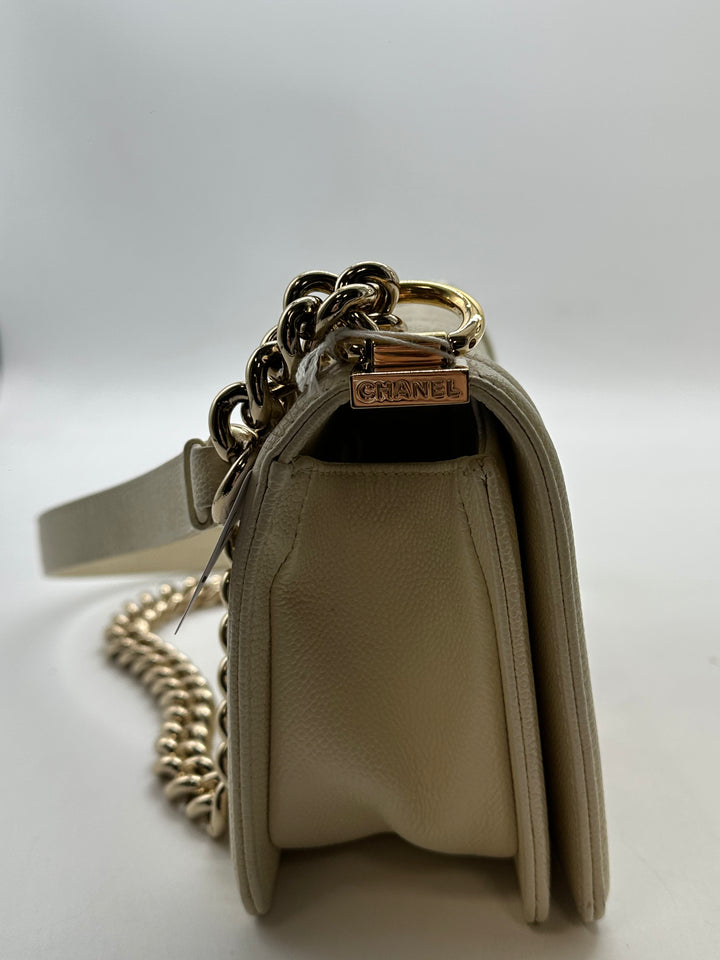 Chanel Quilted Caviar Flap Small Boy Bag Microchip White/Gold CC500