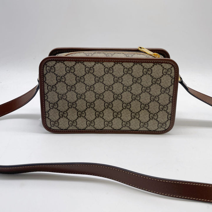 Gucci GG Supreme Monogram Azalea Calfskin Mini Retro Interlocking G Shoulder Bag Beige Ebony Brown Sugar GGCAMERA