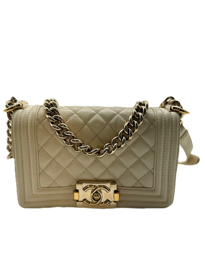 Chanel Quilted Caviar Flap Small Boy Bag Microchip White/Gold CC500