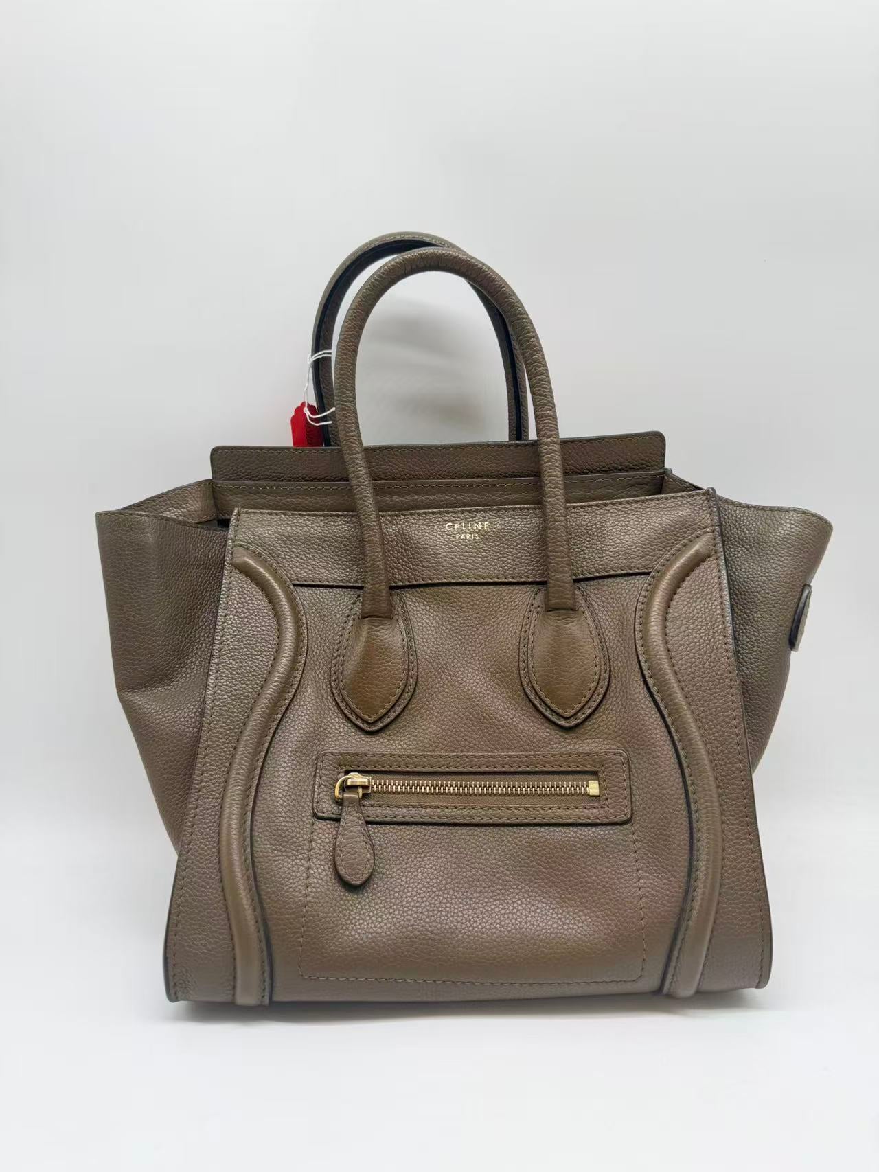 Celine Leather Shoulder Luggage Tote Olive Green CE114