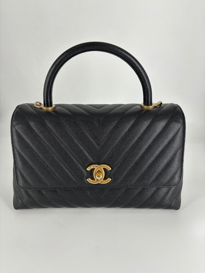 Chanel Coco Top Handle Bag Chevron Caviar Medium