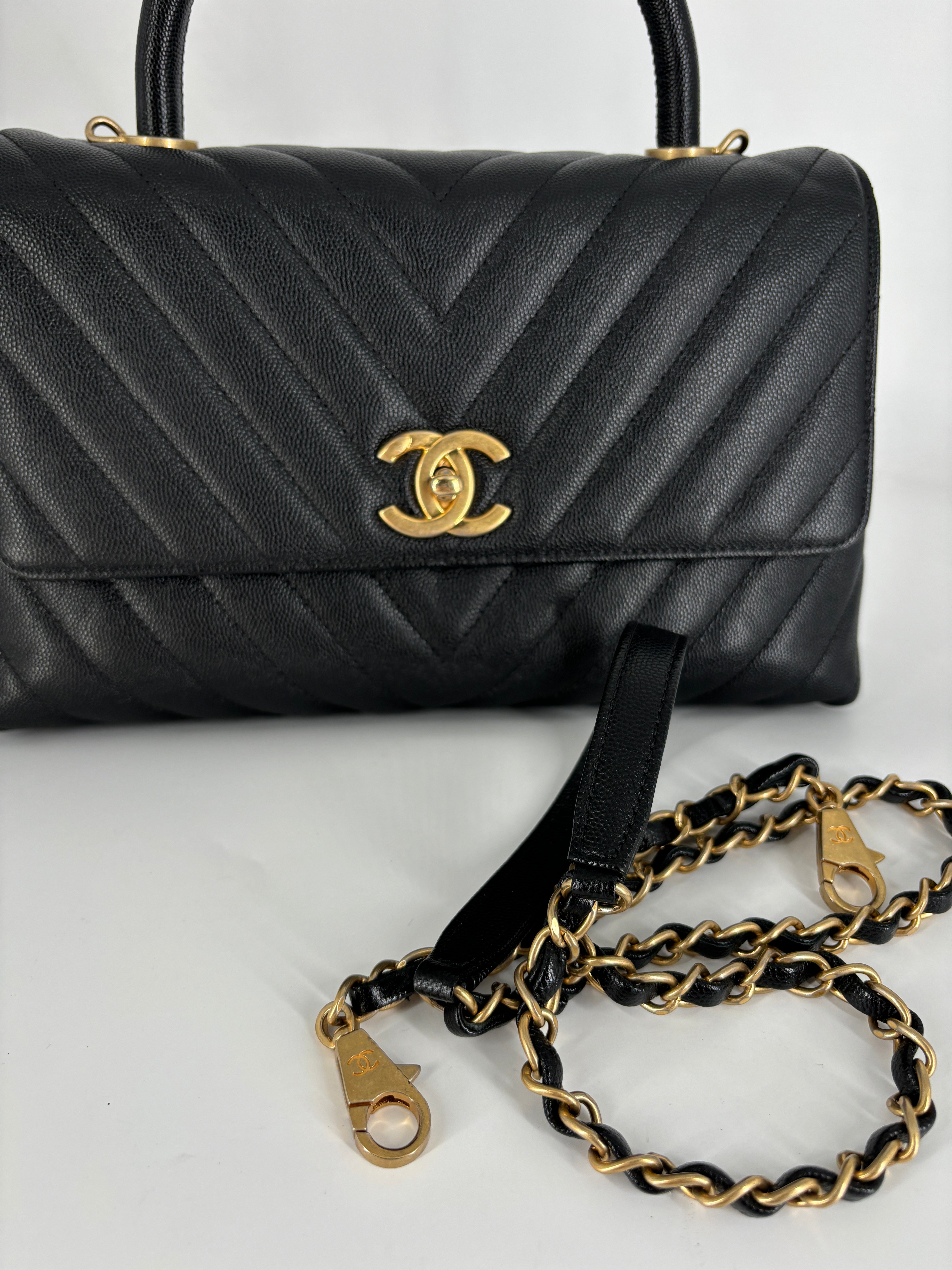 Chanel Coco Top Handle Bag Chevron Caviar Medium