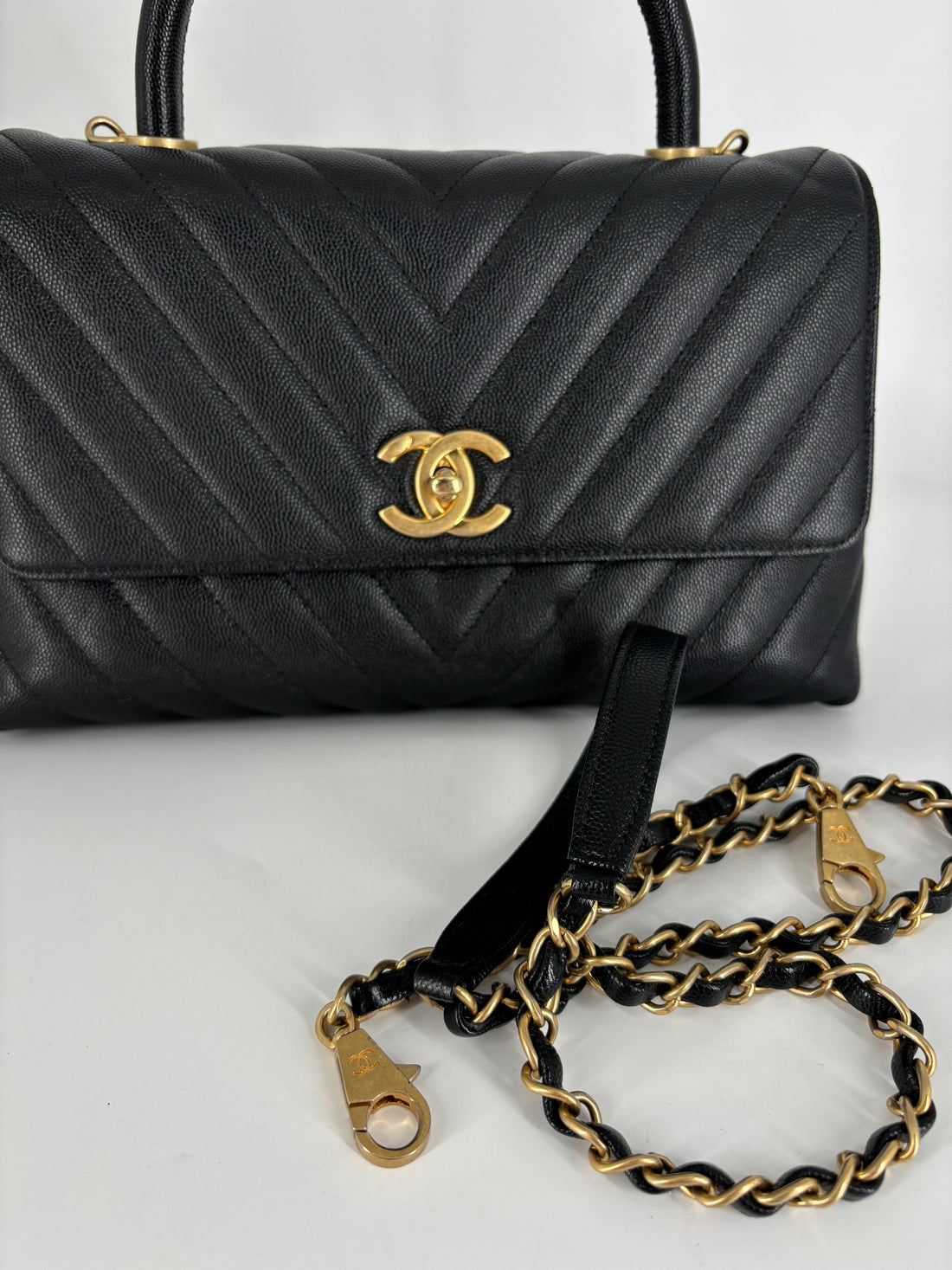 Chanel Coco Top Handle Bag Chevron Caviar Medium