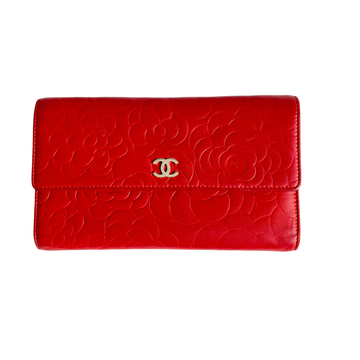 Chanel Camellia Embossed Flap Large Wallet Red