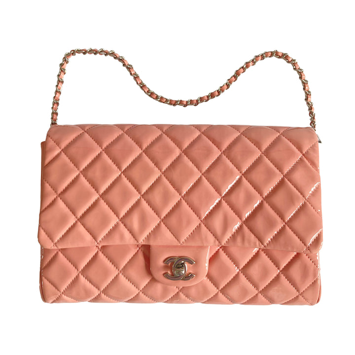 Chanel Classic Patent Quilted Clutch Baby Pink