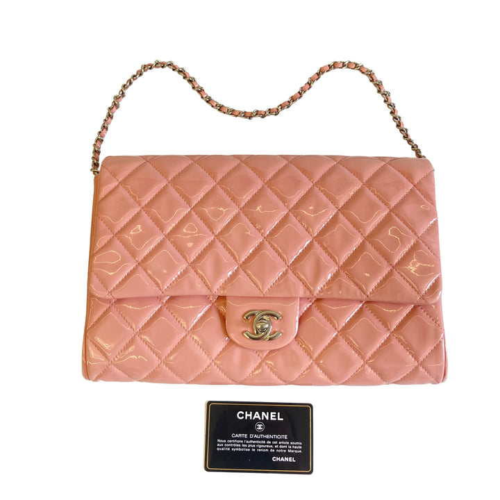 Chanel Classic Patent Quilted Clutch Baby Pink