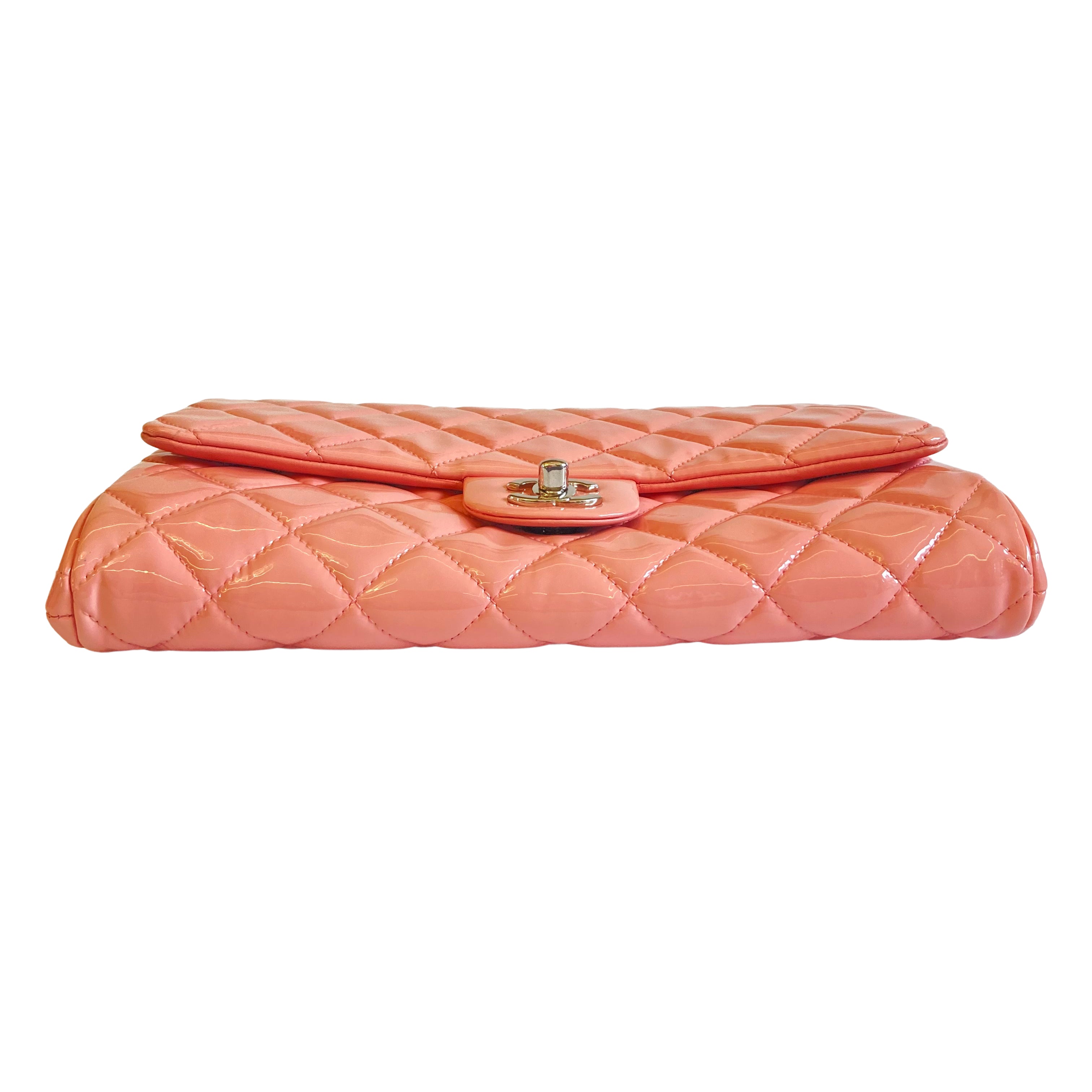 Chanel Classic Patent Quilted Clutch Baby Pink