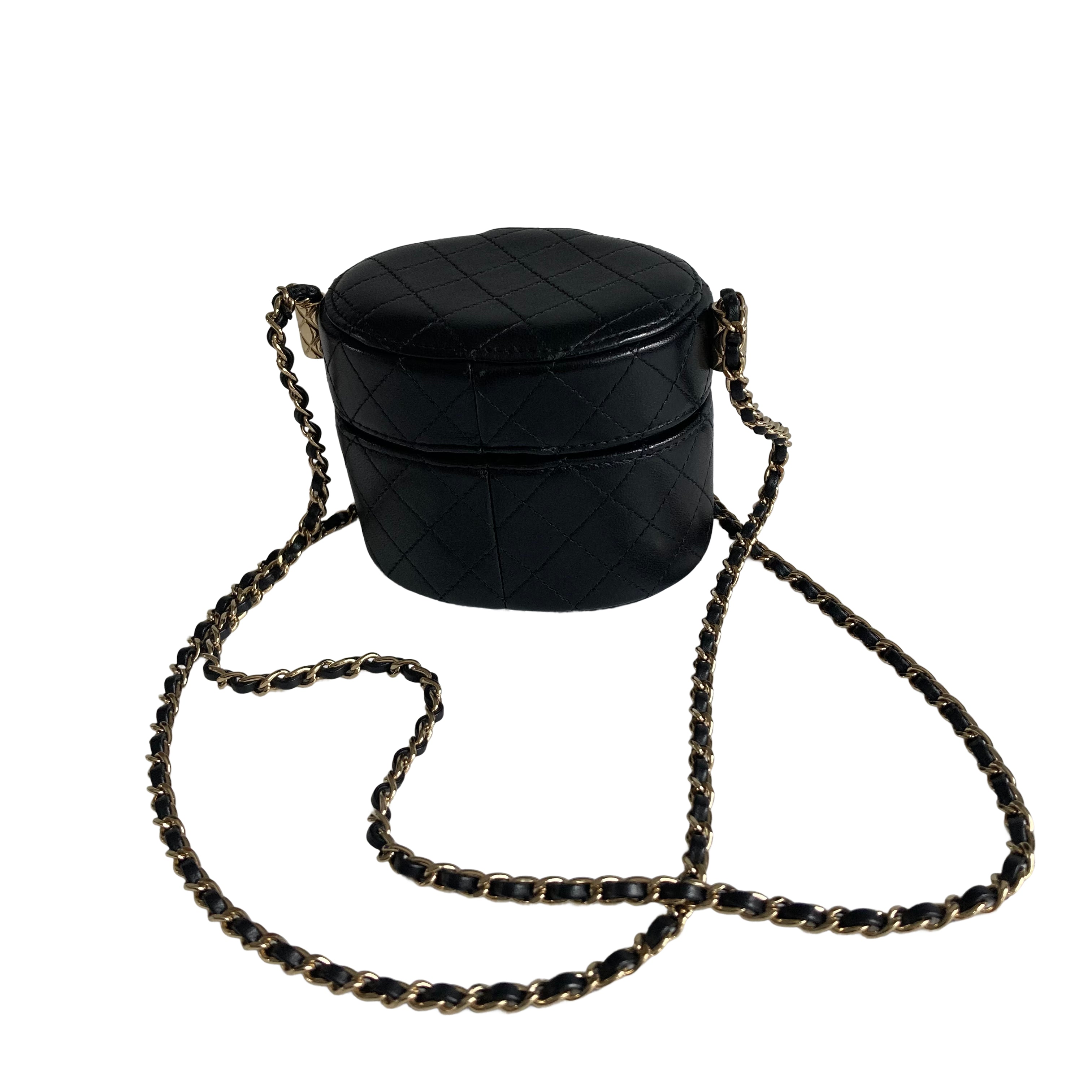 Chanel Vanity Quilted Mini Round Clutch With Chain