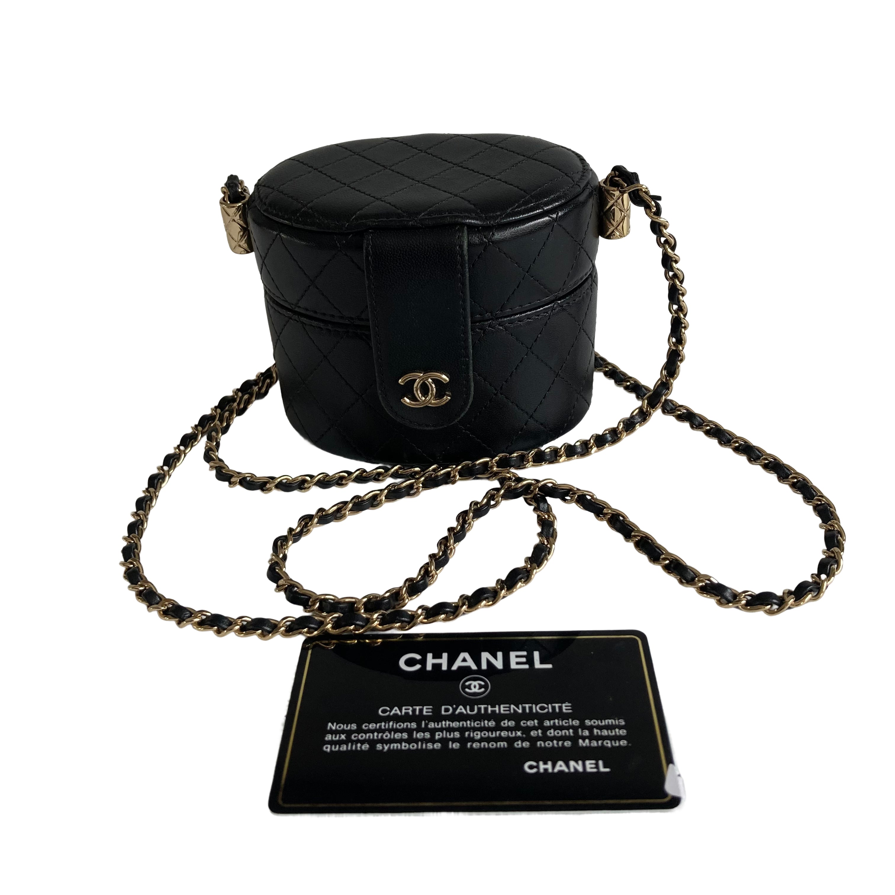 Chanel Vanity Quilted Mini Round Clutch With Chain
