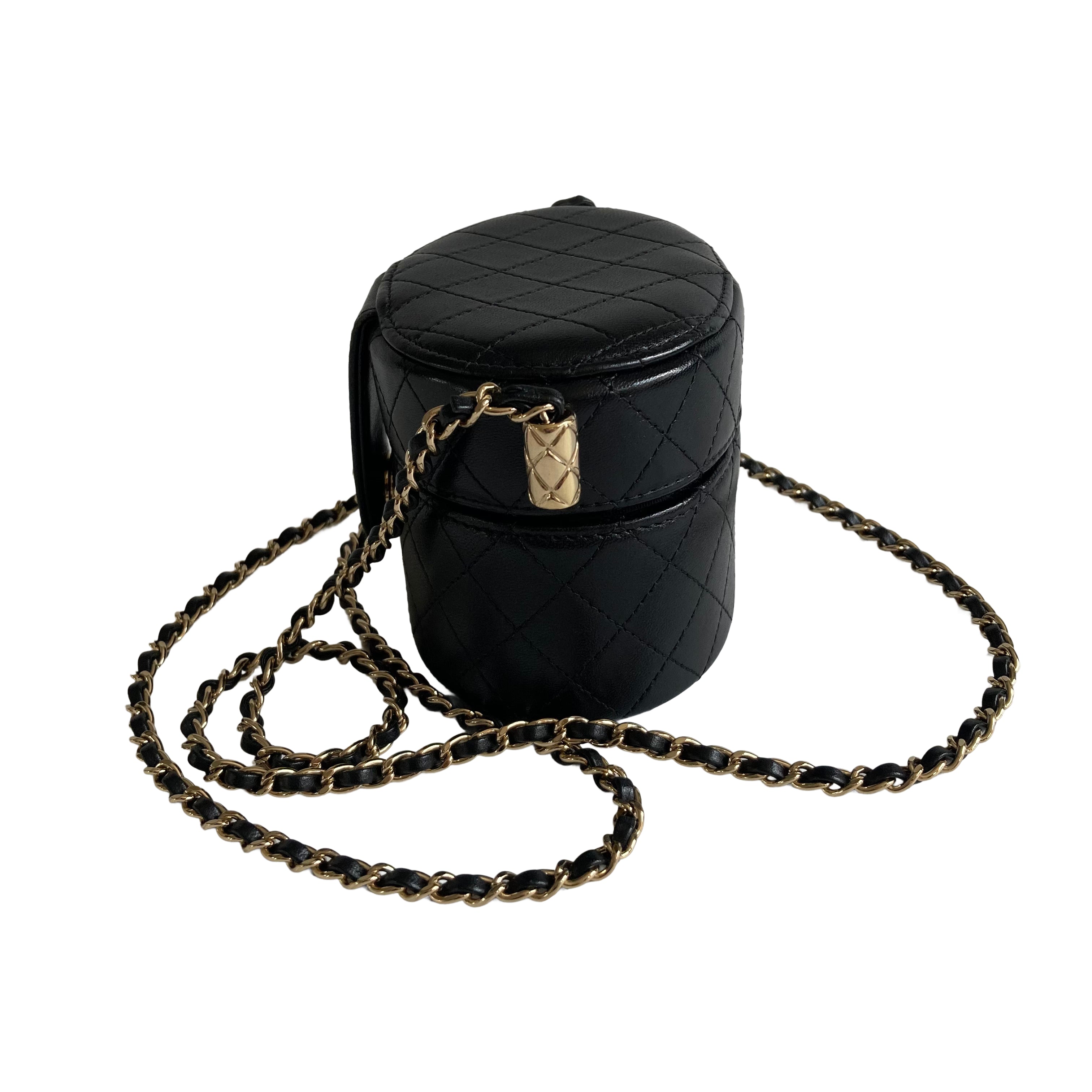 Chanel Vanity Quilted Mini Round Clutch With Chain
