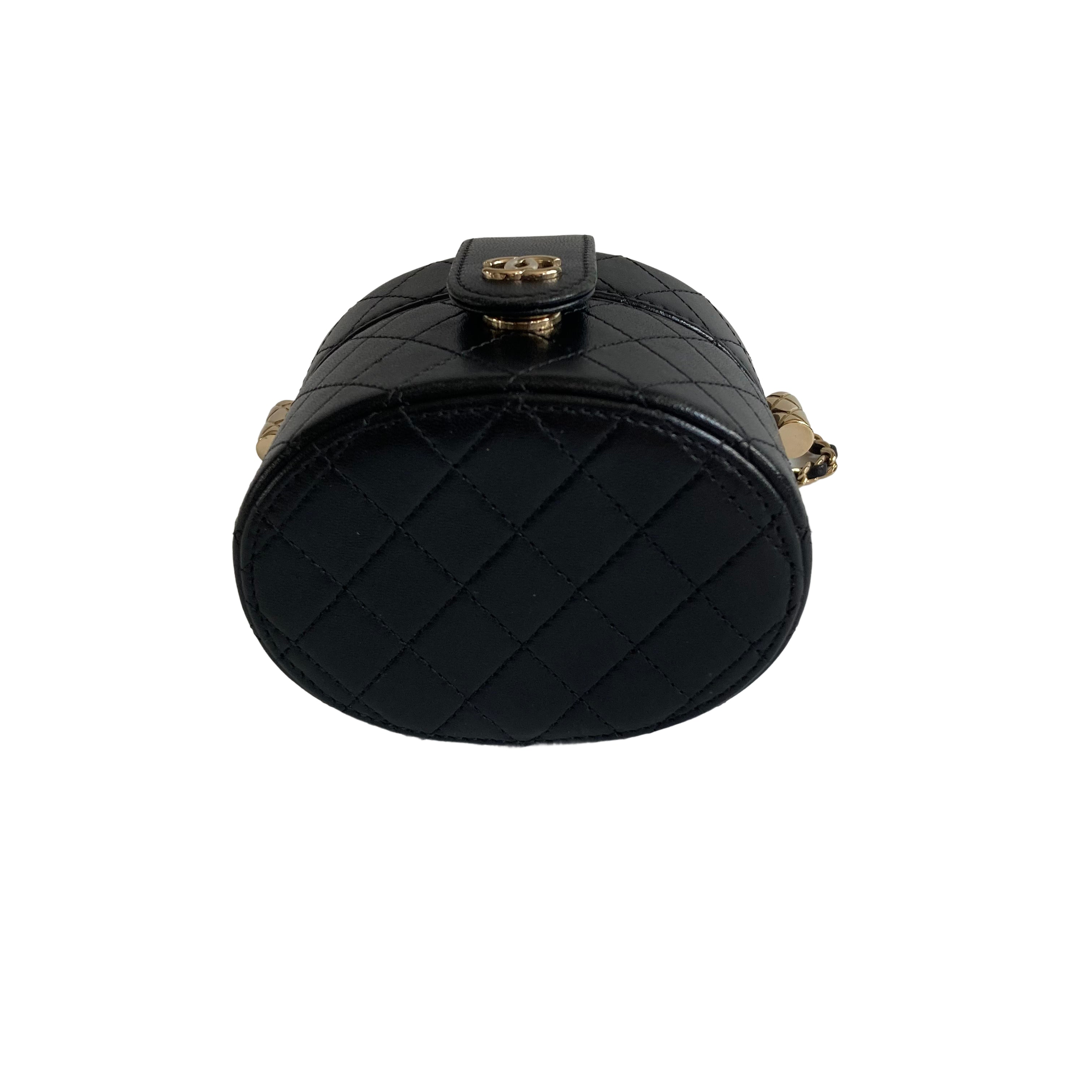 Chanel Vanity Quilted Mini Round Clutch With Chain