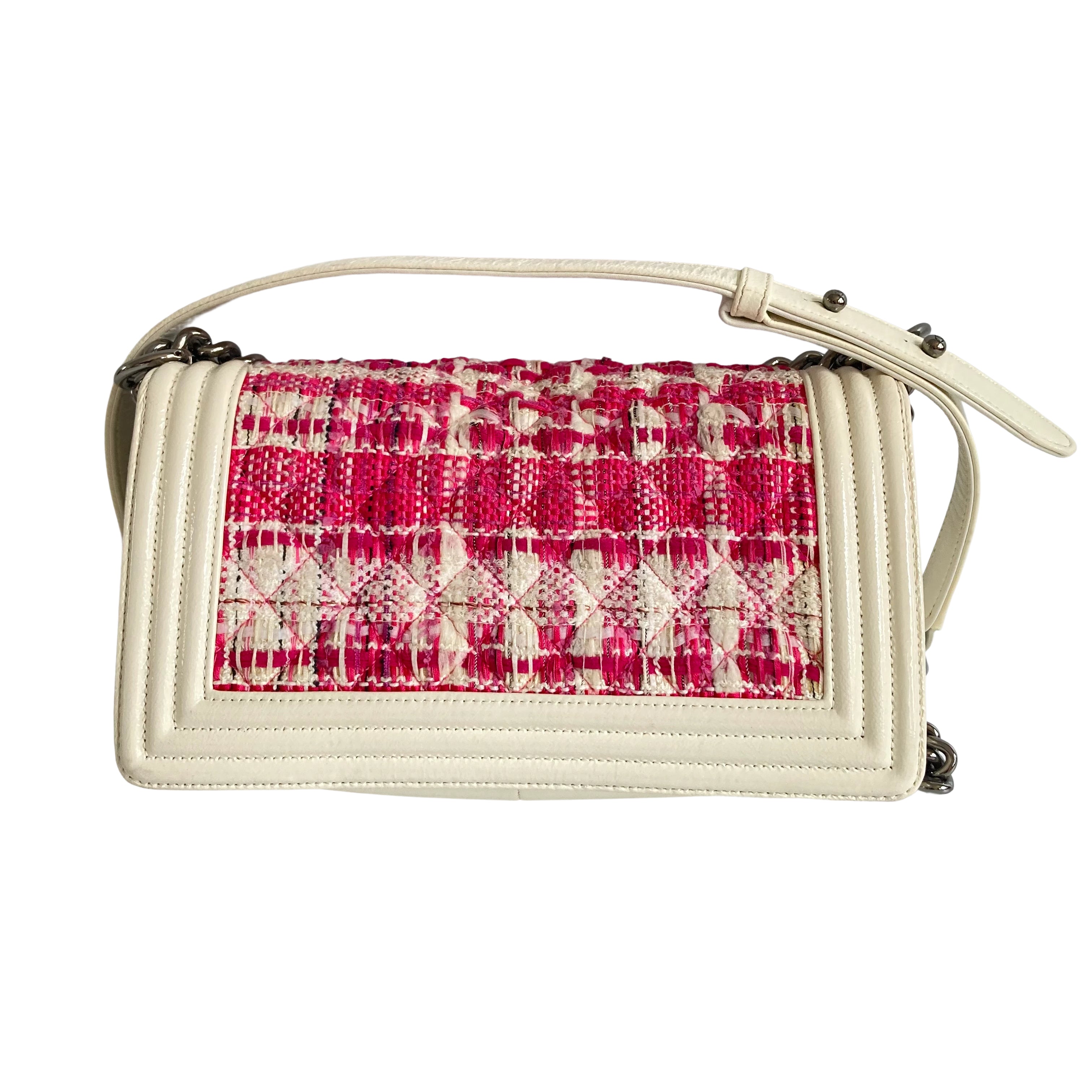 Chanel Tweed Medium Boy Bag Patent Pink White