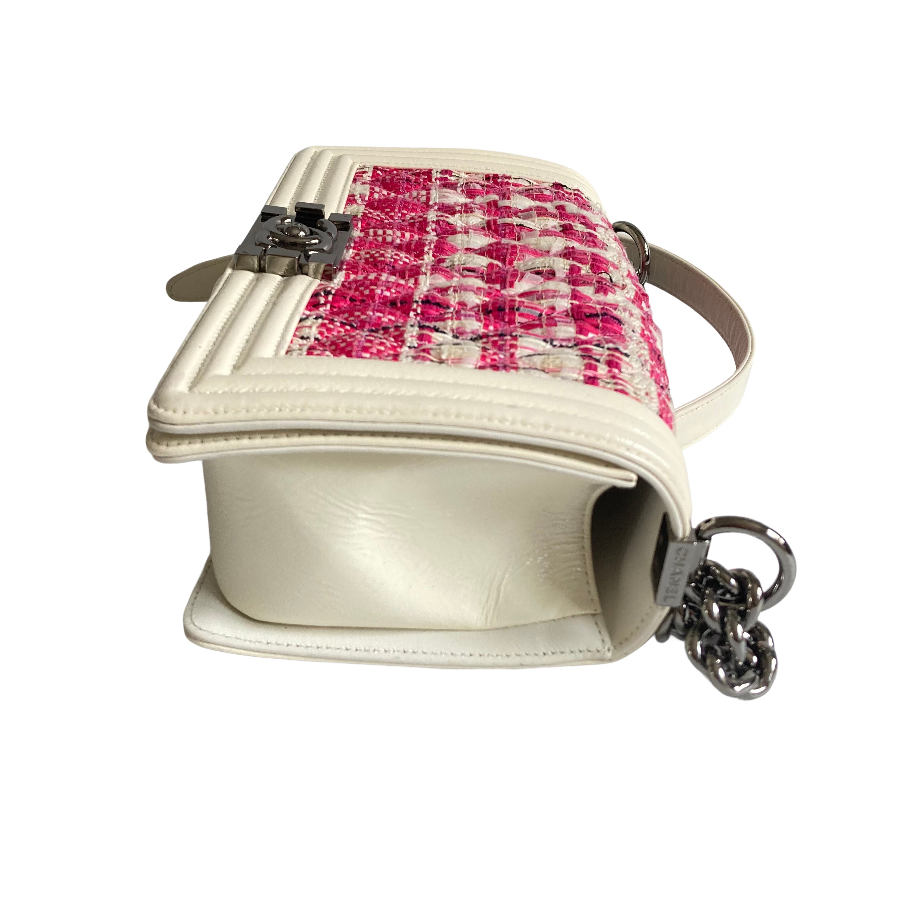 Chanel Tweed Medium Boy Bag Patent Pink White