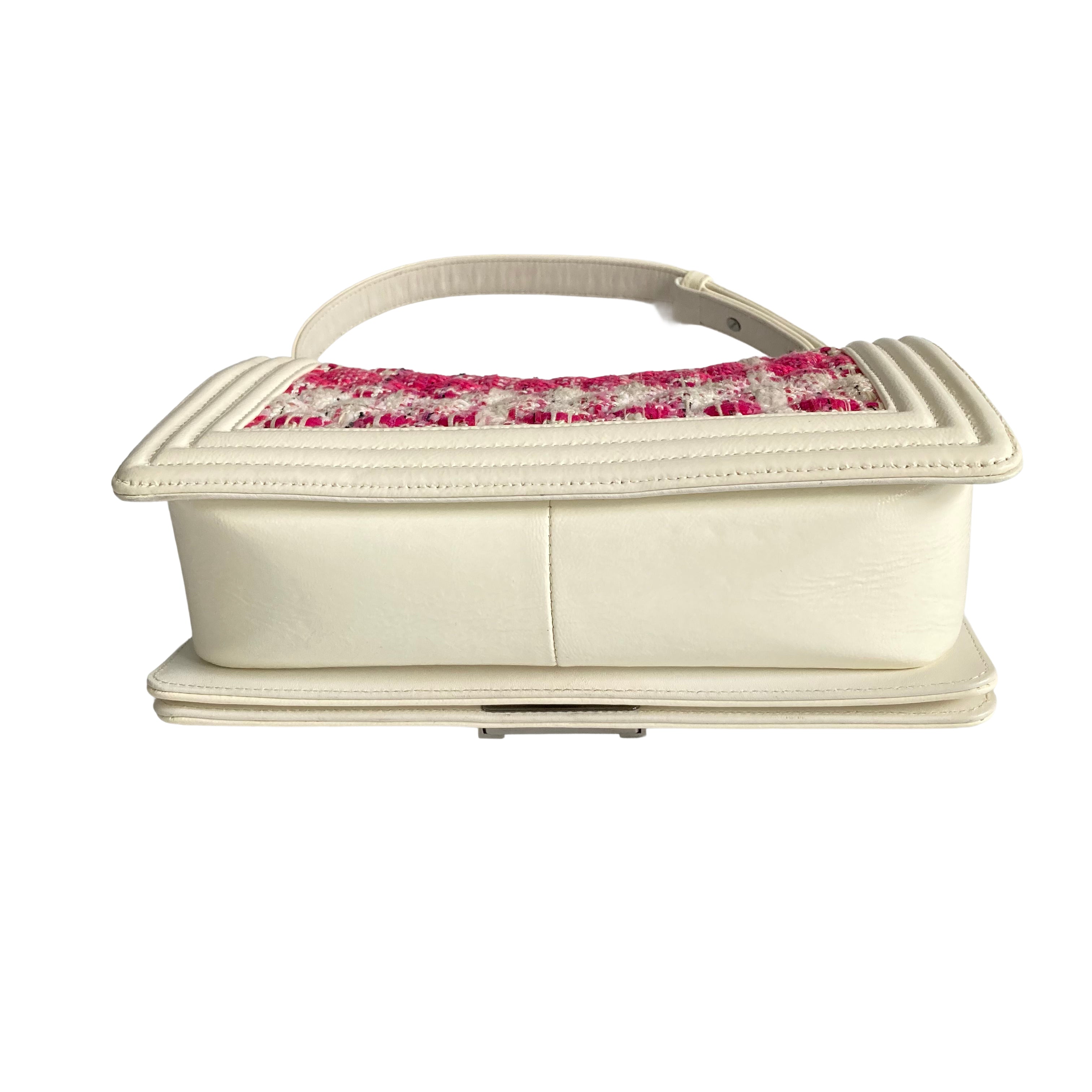 Chanel Tweed Medium Boy Bag Patent Pink White