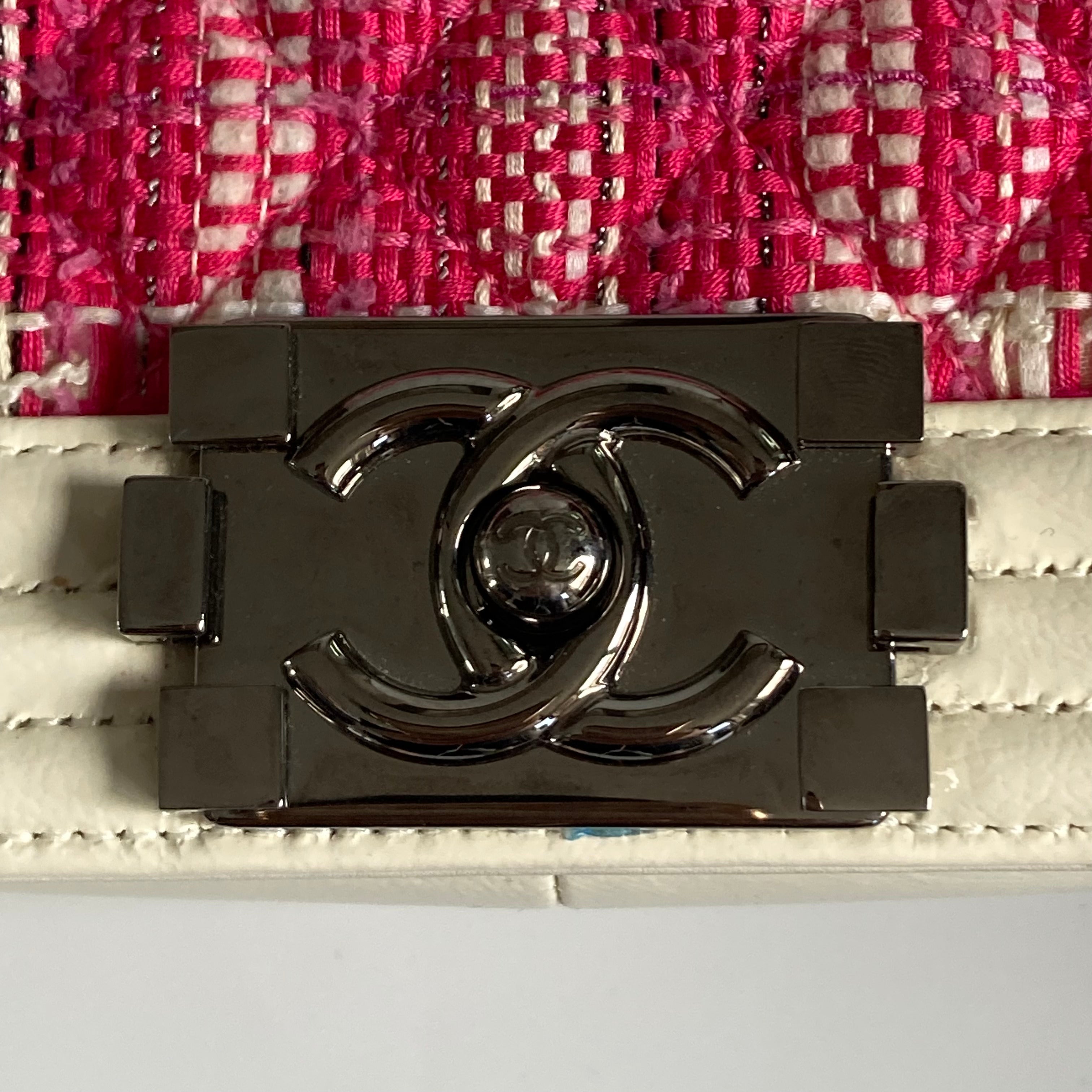 Chanel Tweed Medium Boy Bag Patent Pink White