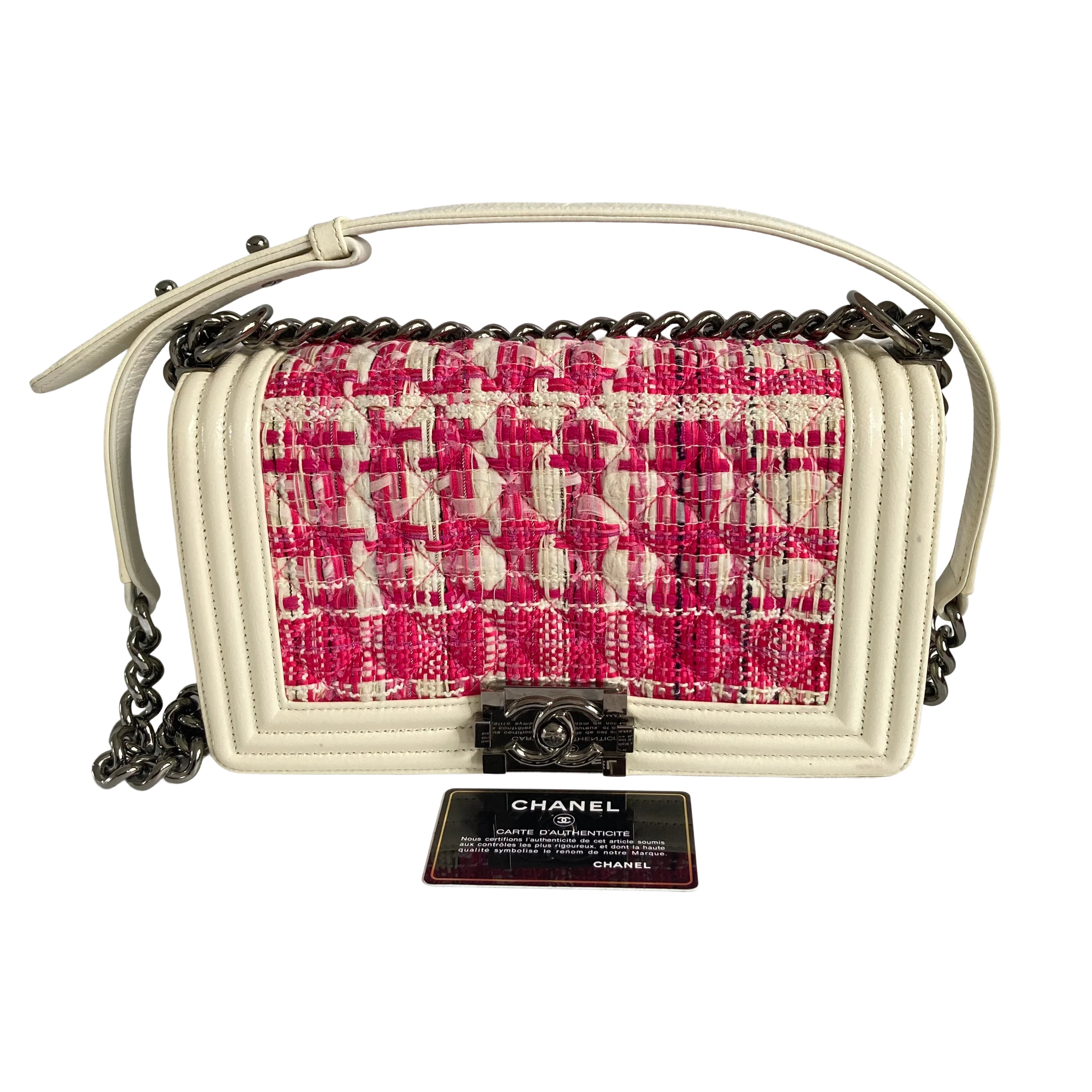Chanel Tweed Medium Boy Bag Patent Pink White