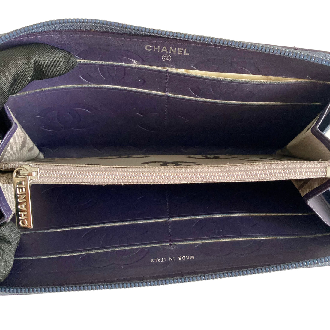 Chanel Quilted Cambon Large Gusset Zip Around Wallet Navy