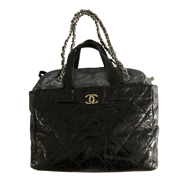 Chanel Glazed Calfskin Lambskin Quilted Portobello Tote Black/Grey