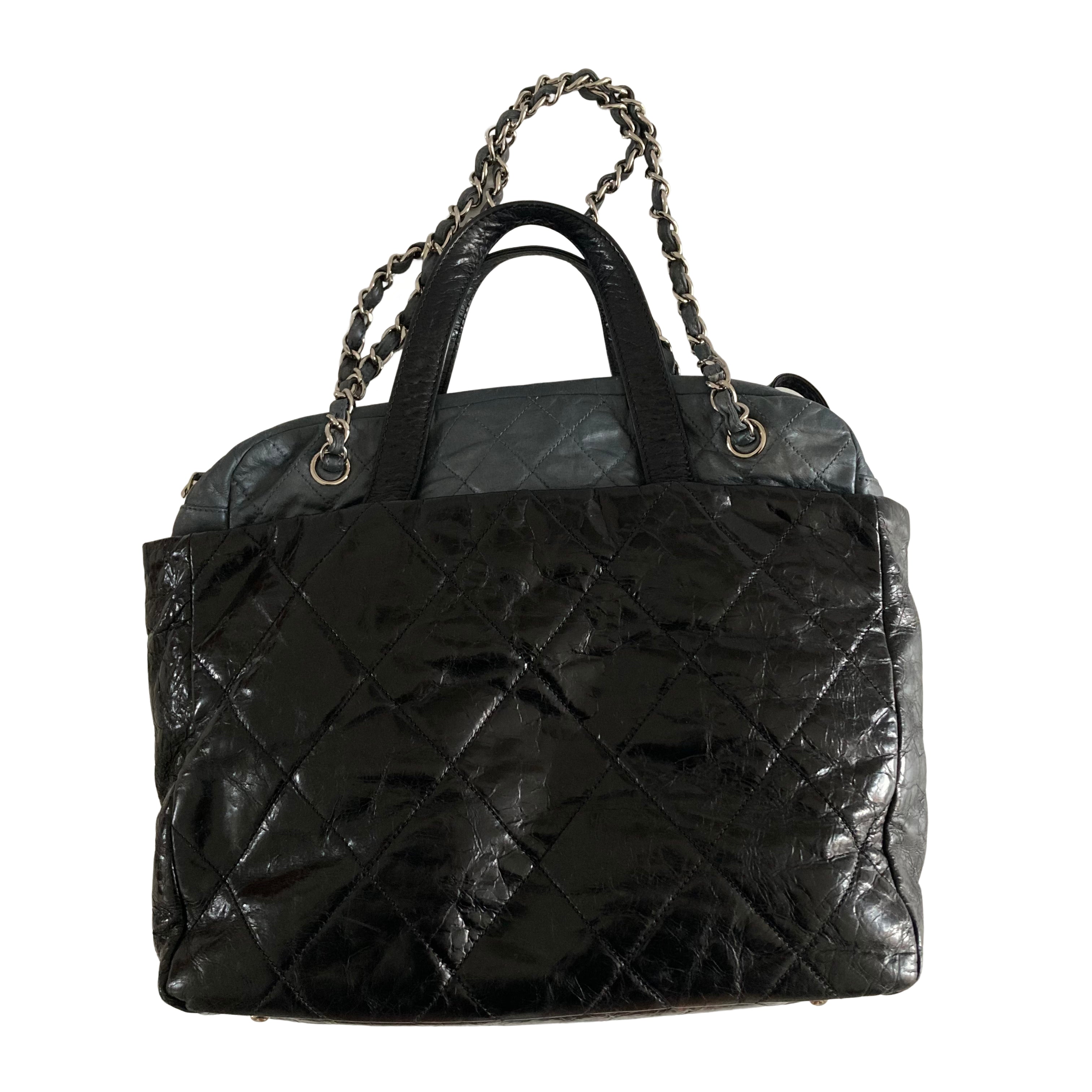 Chanel Glazed Calfskin Lambskin Quilted Portobello Tote Black/Grey