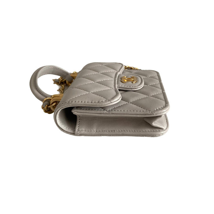 Chanel Lambskin Quilted Top Handle Flap Coin Purse With Chain Grey