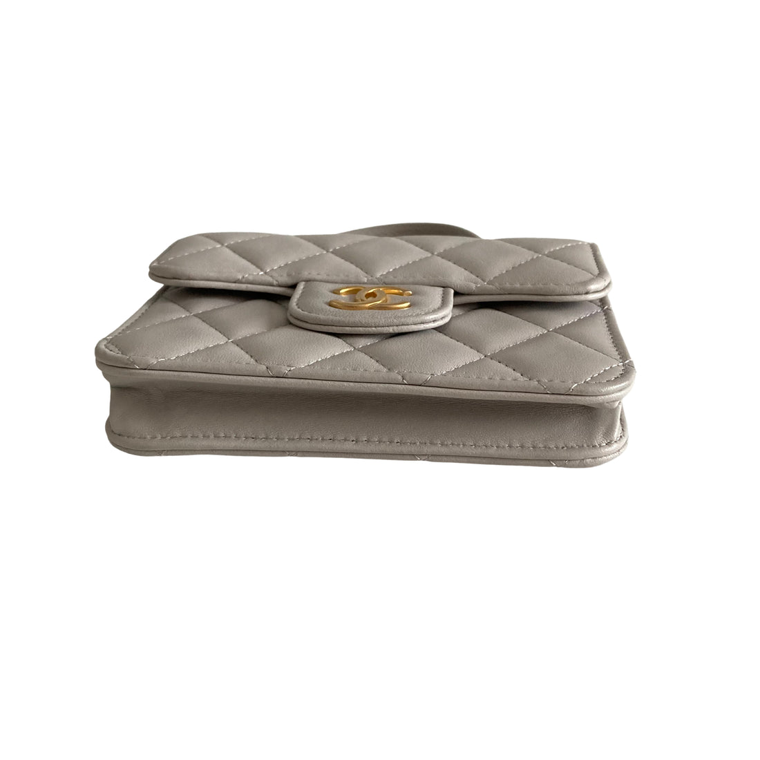 Chanel Lambskin Quilted Top Handle Flap Coin Purse With Chain Grey