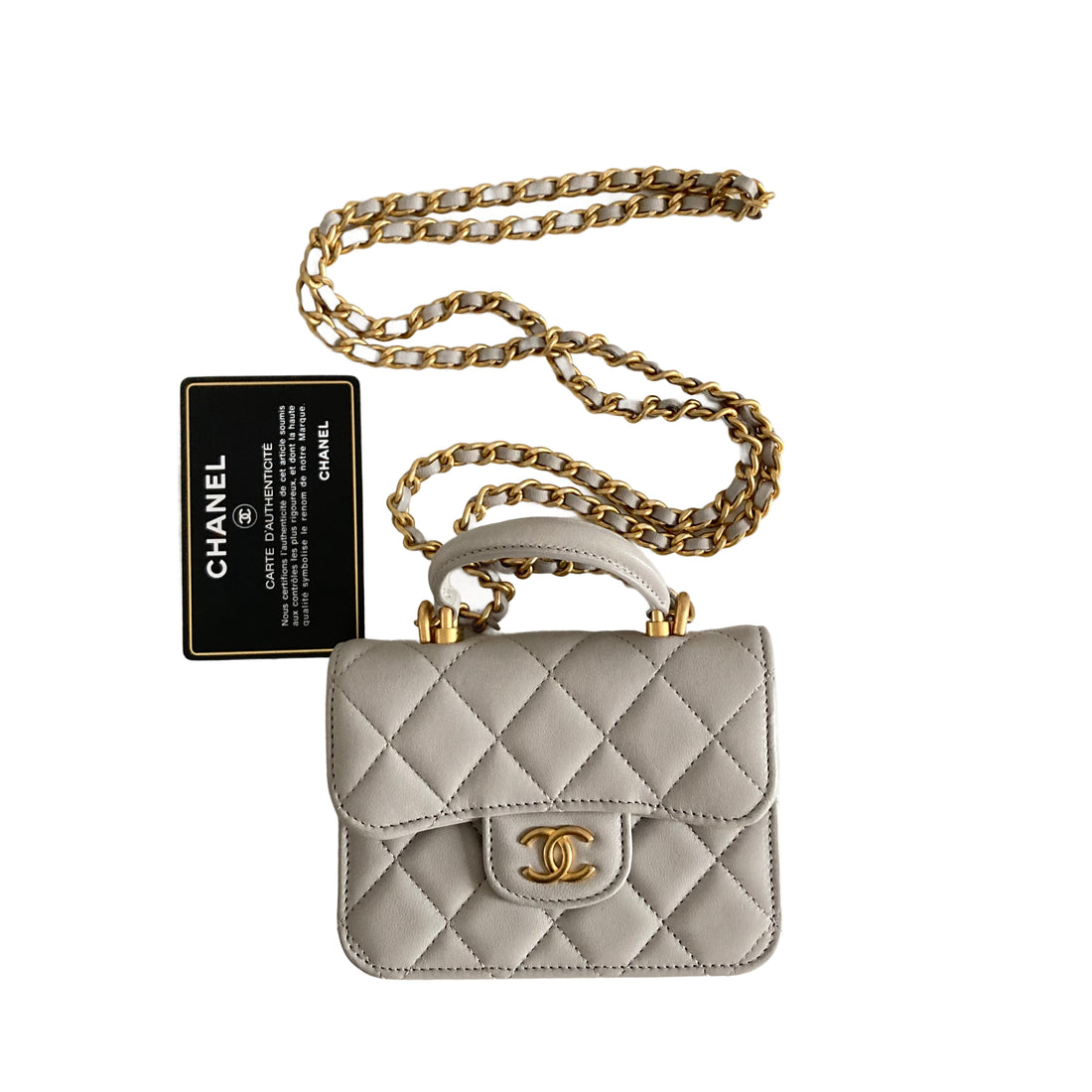 Chanel Lambskin Quilted Top Handle Flap Coin Purse With Chain Grey