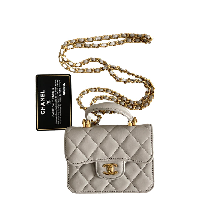 Chanel Lambskin Quilted Top Handle Flap Coin Purse With Chain Grey