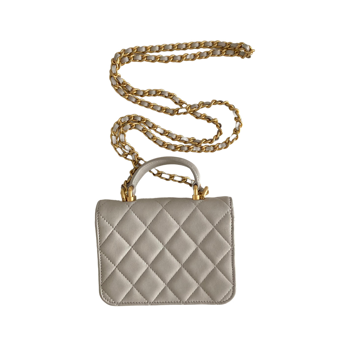 Chanel Lambskin Quilted Top Handle Flap Coin Purse With Chain Grey