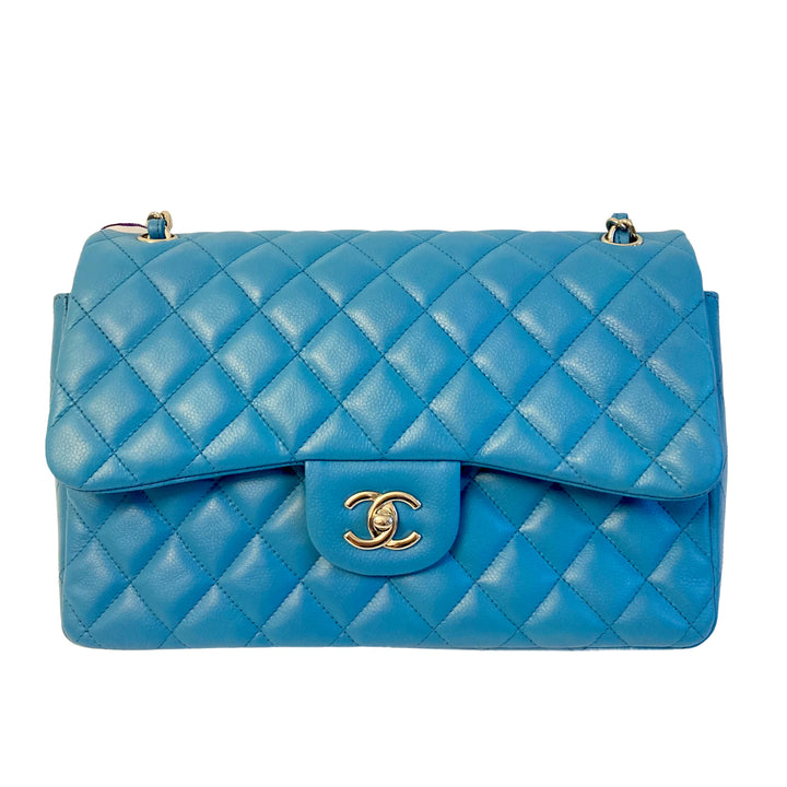 Chanel Caviar Quilted Double Flap Jumbo Blue SHW (18***62)