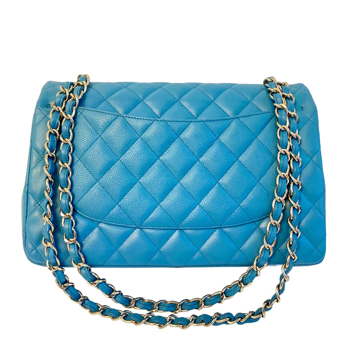 Chanel Caviar Quilted Double Flap Jumbo Blue SHW (18***62)