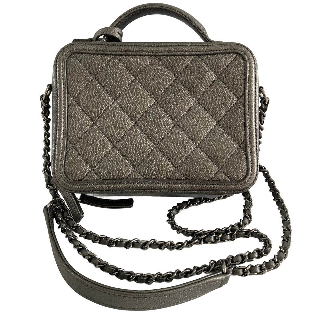 Chanel Filigree Vanity Case Metallic Grey with Tag and Key CC327
