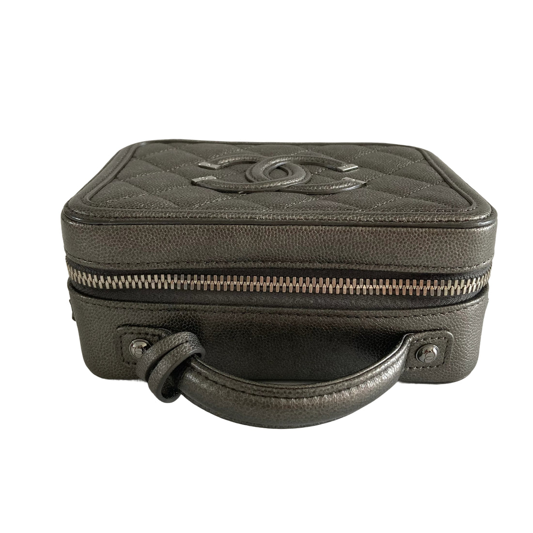 Chanel Filigree Vanity Case Metallic Grey with Tag and Key CC327