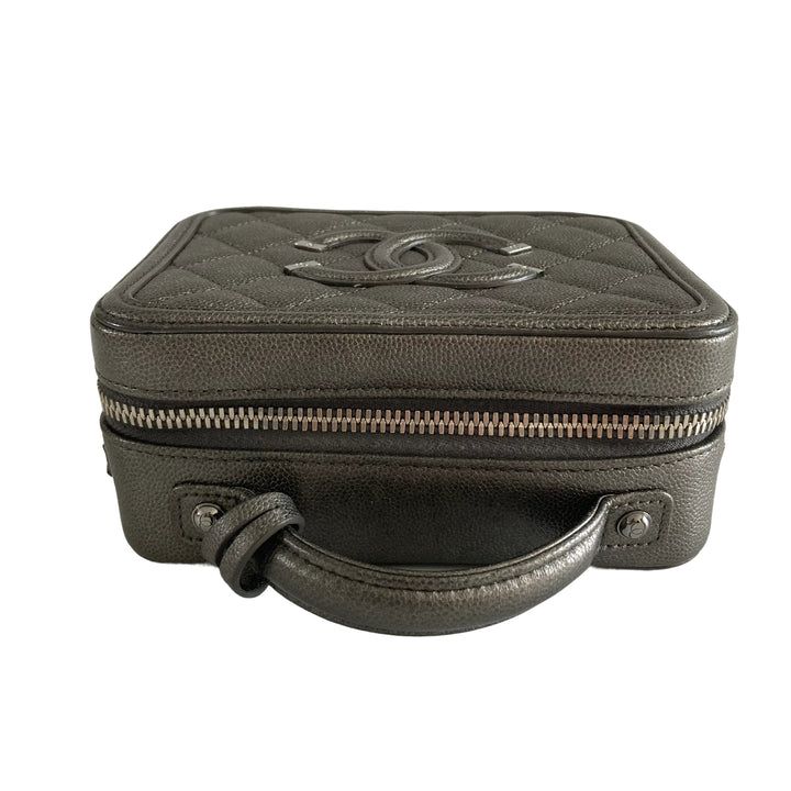 Chanel Filigree Vanity Case Metallic Grey with Tag and Key CC327