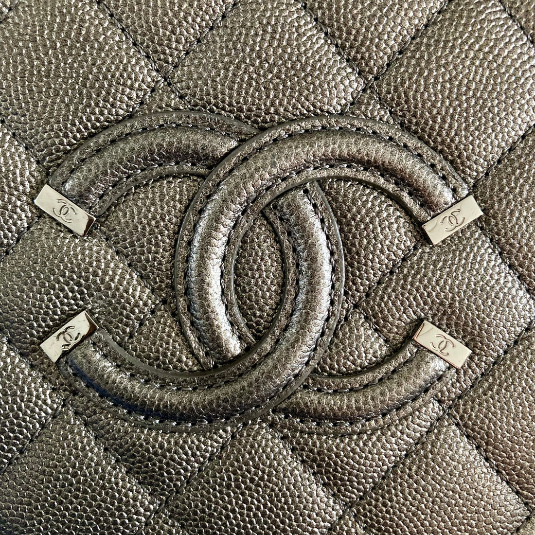 Chanel Filigree Vanity Case Metallic Grey with Tag and Key CC327