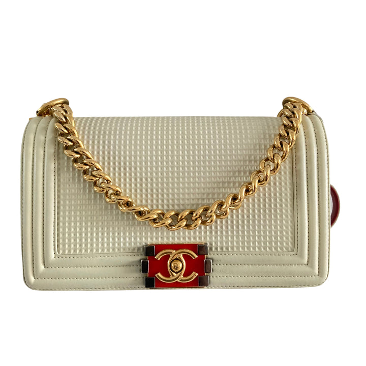 Chanel Lambskin Embossed Medium Boy Cube Flap Cream (18***01)