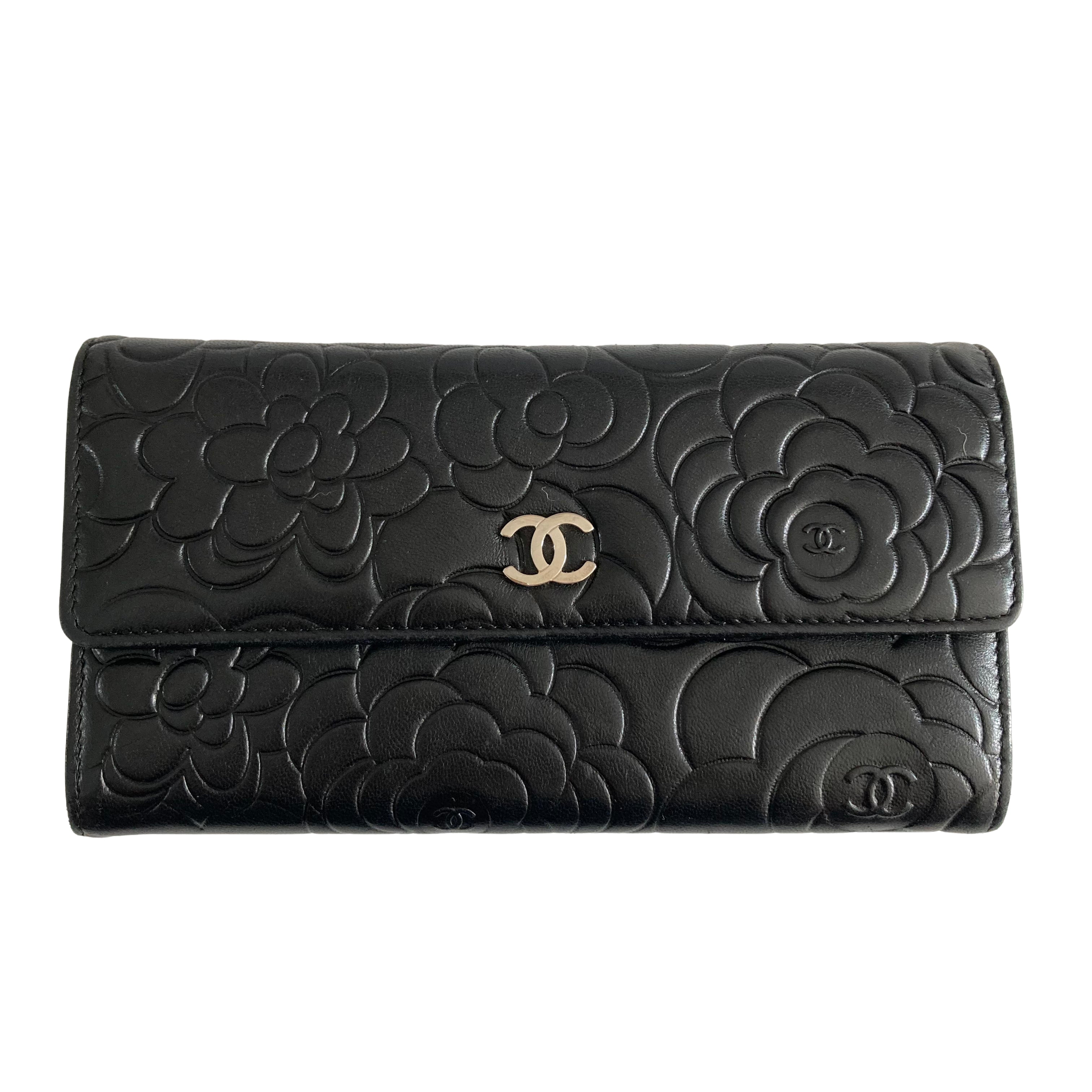 Chanel Lambskin Camellia Embossed Large Gusset Flap Wallet Black