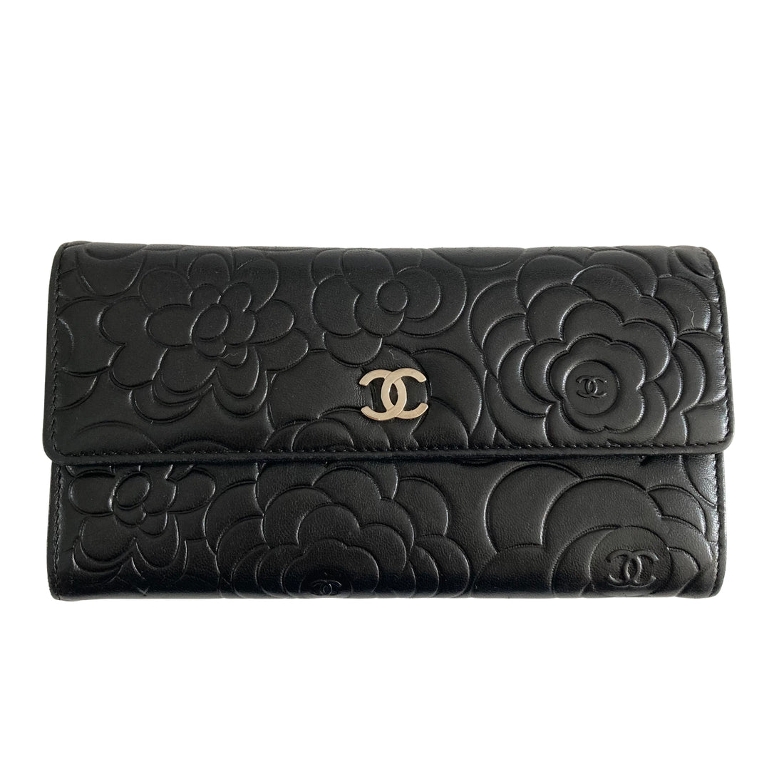 Chanel Lambskin Camellia Embossed Large Gusset Flap Wallet Black