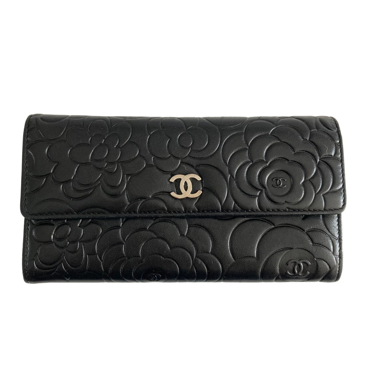 Chanel Lambskin Camellia Embossed Large Gusset Flap Wallet Black