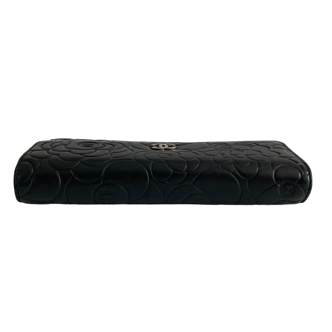 Chanel Lambskin Camellia Embossed Large Gusset Flap Wallet Black