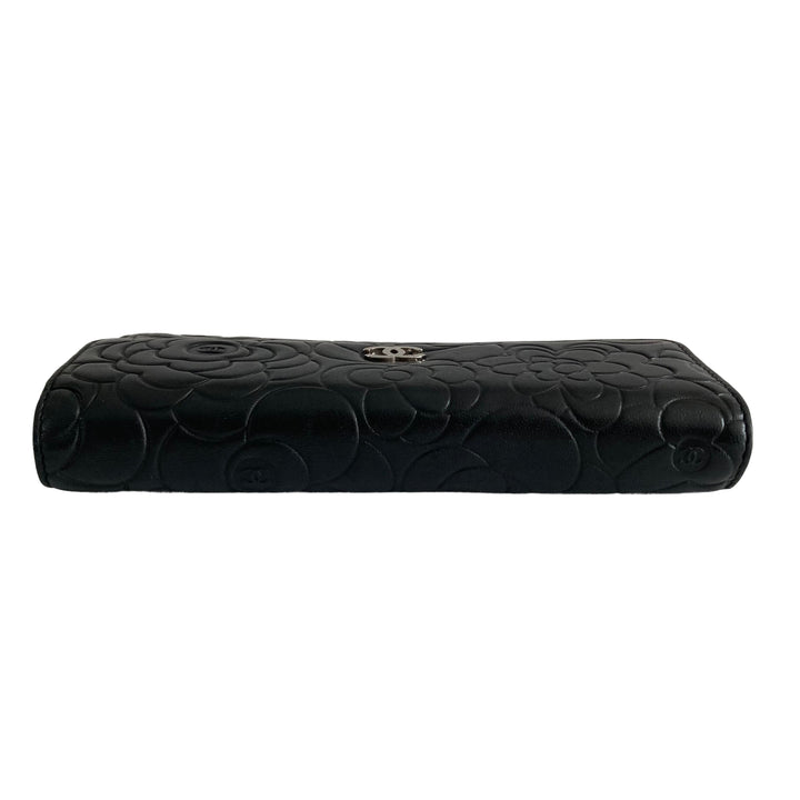 Chanel Lambskin Camellia Embossed Large Gusset Flap Wallet Black
