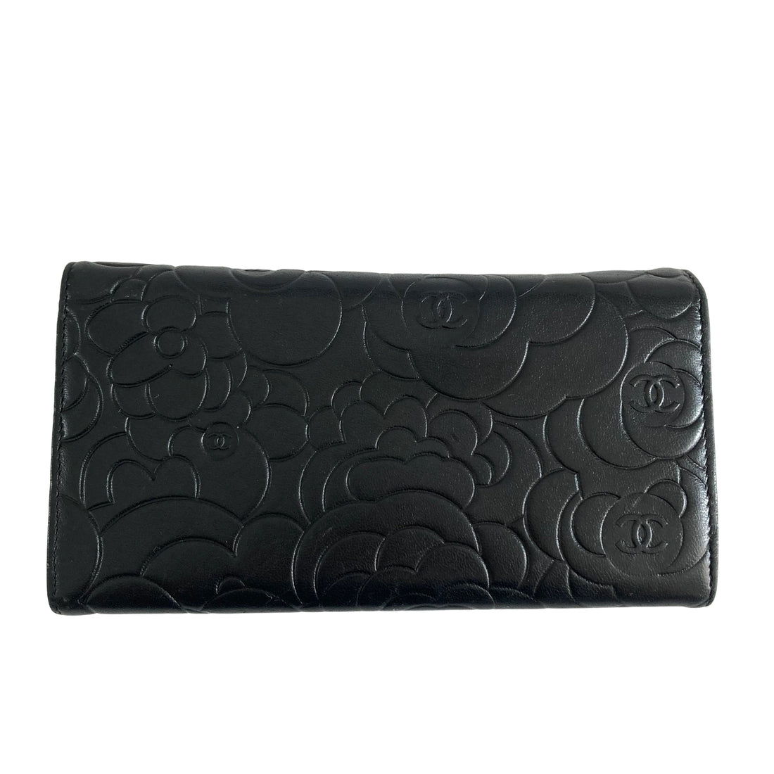 Chanel Lambskin Camellia Embossed Large Gusset Flap Wallet Black